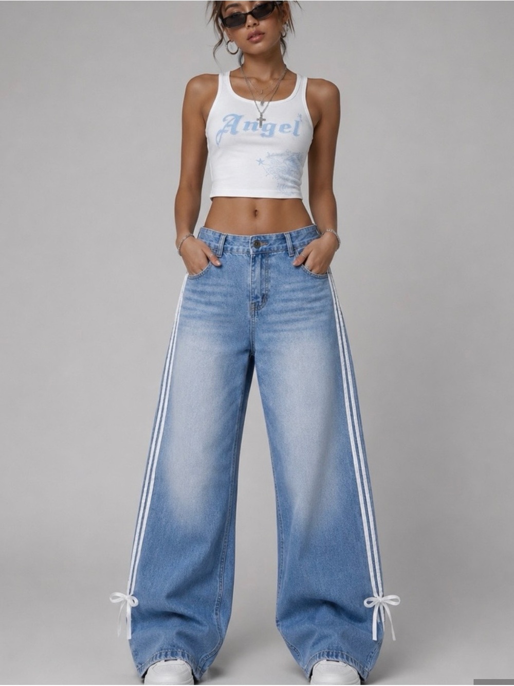 Telepatia Bow Detail Wide Leg‎ Baggy Jeans Coquette Y2K Balletcore Stripe